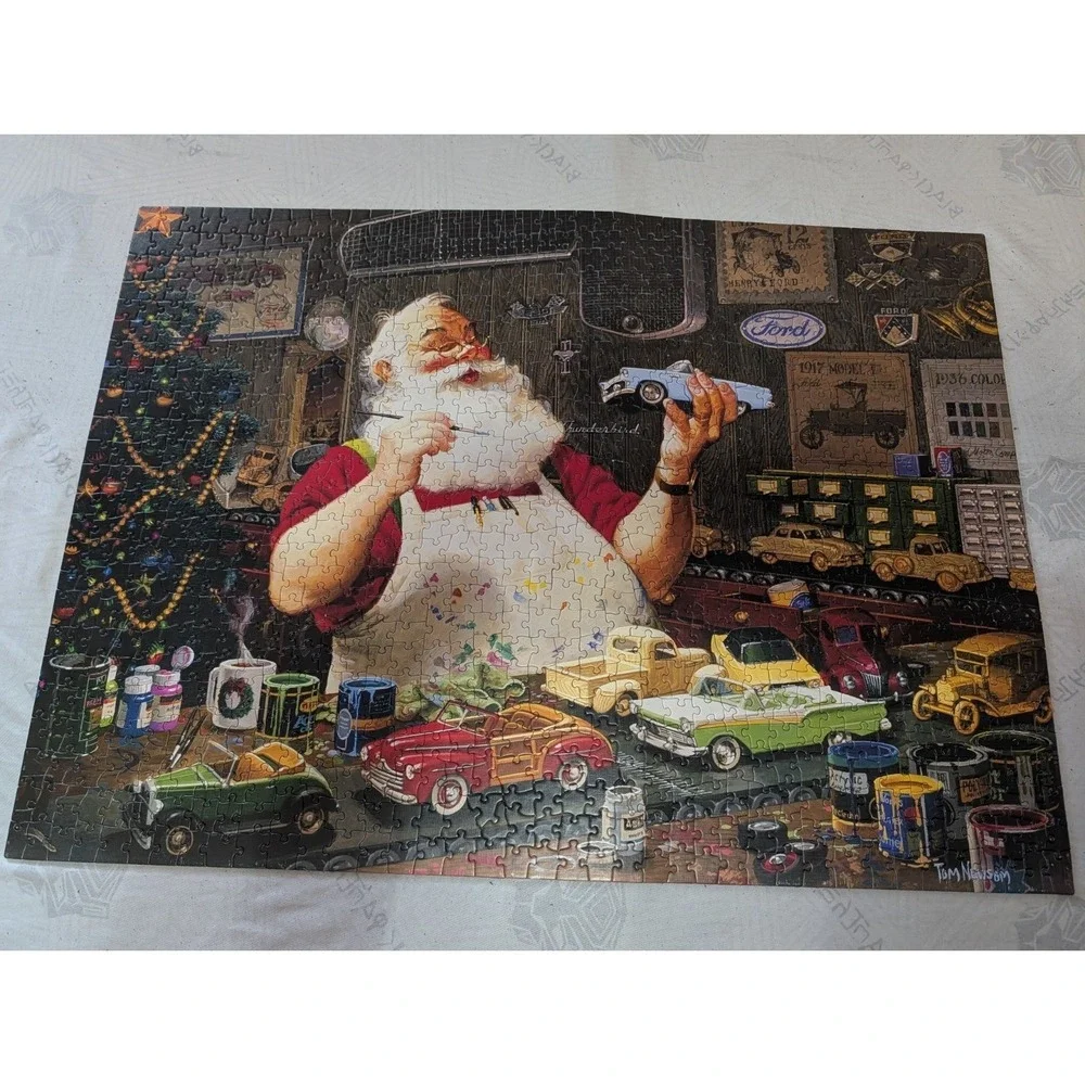Cobble Hill Santa Painting Cars Jigsaw Puzzle 1000 Pcs Complete Tom Newsom